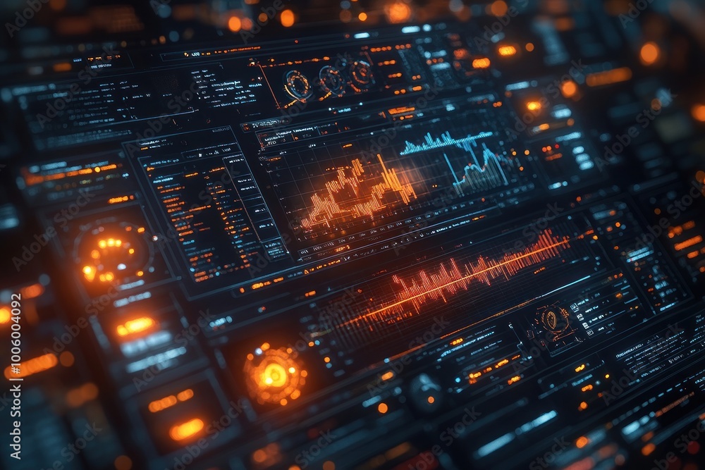 Poster futuristic digital interface with graphs and charts