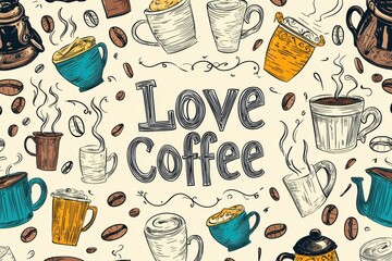 Charming coffee-themed doodle pattern with cups, beans, and the phrase 'Love Coffee' for café decor or coffee enthusiasts.