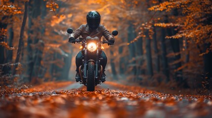 A motorcyclist wears protective gear, riding through a forest adorned with autumn leaves. The image evokes adventure and freedom in a scenic setting.