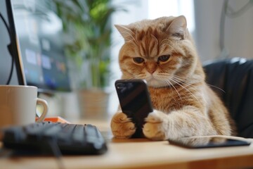 A cat sits in an office and stares at a smartphone screen