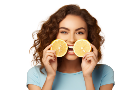 Young woman with a joyful smile, holding a lemon half close to her mouth, ready to taste it on white background.