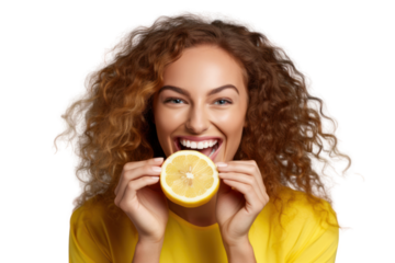 Young woman with a joyful smile, holding a lemon half close to her mouth, ready to taste it on white background.