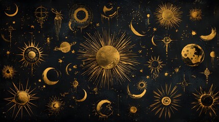 A black background with various celestial symbols, such as suns and moons