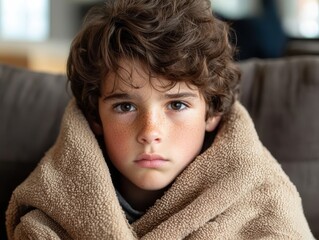 A child with curly hair wrapped in a cozy blanket sitting on a couch, looking thoughtful and serene in a warm indoor setting.