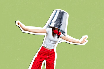 Creative collage young foolish girl wear steel metal bucket bin head cover hide face funny joke leisure entertainment drawing background