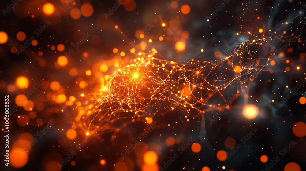 Poster abstract orange and black network connection background with bokeh lights