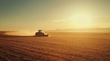 Fototapeta premium A tractor plowing a large, flat field on the plains, with dust rising behind it and the early morning sun illuminating the scene.