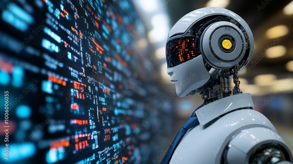 Poster ai robot analyzing code on digital screen futuristic technology