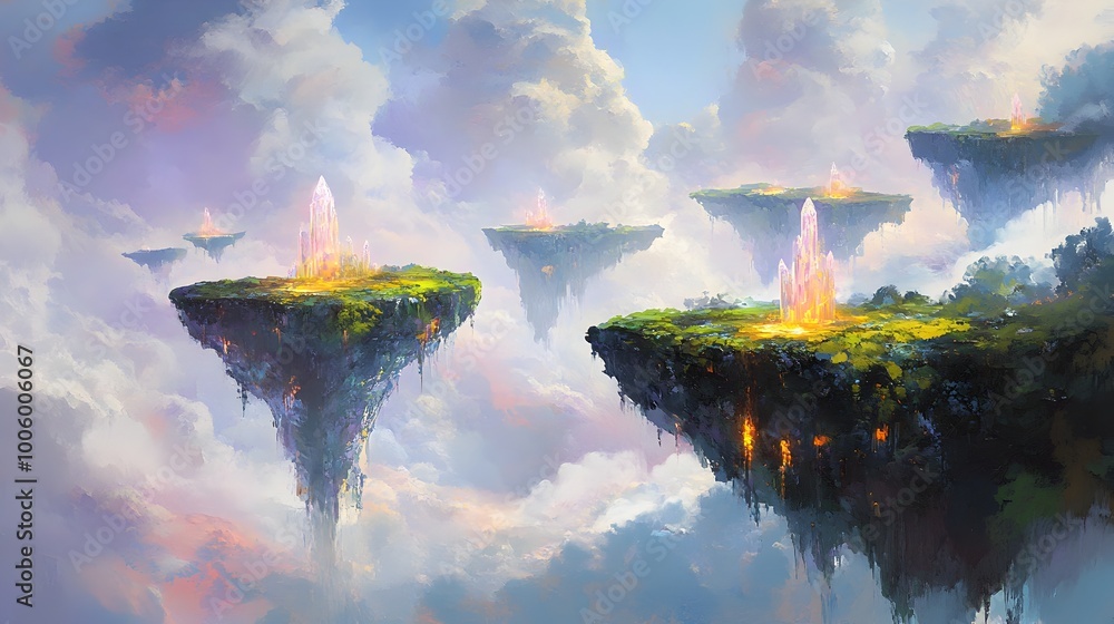 Poster surreal dreamscape with floating islands ethereal glowing moss wisps of clouds and shimmering crysta