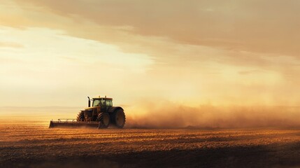 Fototapeta premium A tractor plowing a large, flat field on the plains, with dust rising behind it and the early morning sun illuminating the scene.