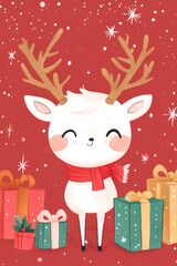 A New Year's card on a red background, a white deer and a lot of gifts. Cute illustration for Christmas.