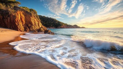 Naklejka premium Tranquil Beach Scene at Sunset with Gentle Waves