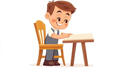 Fototapeta premium Cartoon Boy Sitting at a Wooden Table and Chair