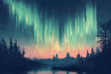 Fototapeta premium Captivating Aurora Borealis Display in Serene Pastel toned Nocturnal Wilderness Landscape Mesmerizing Cascading Lights in Ethereal Patterns