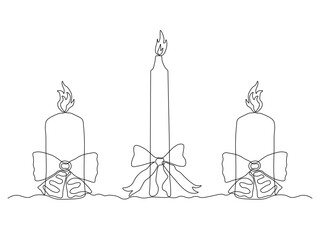 set of three burning candles with a bow, Christmas, New Year, continuous one line art hand drawing sketch, logo
