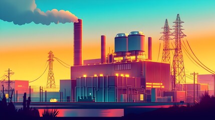 Obraz premium Compact and Cartoon Inspired Power Plant Design with Sleek Geometric Shapes Vibrant Colors and Whimsical Architectural Elements Evoking a Retro Futuristic Urban Landscape