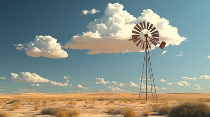 A traditional desert windmill standing tall against the backdrop of a sandy plain, with a few scattered clouds drifting across the sky.