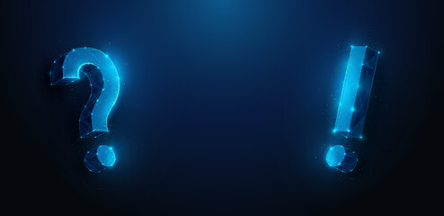 Abstract illustration of question mark and exclamation mark in low poly style. Blue geometric background depicting faq and technical expert support concept by wireframe connection structure