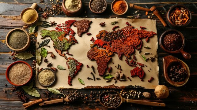 A world map made of spices on wood creatively showcases culinary diversity. Each spice represents a continent, adding colors and textures, visually engaging viewers