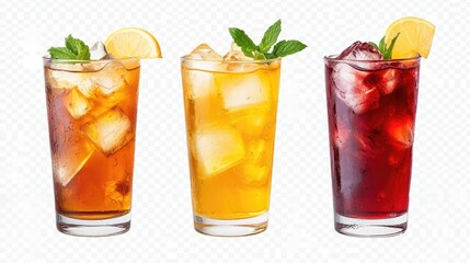 Refreshing iced tea, green tea, and red tea in a virtual high-resolution image, isolated on a transparent background, ideal for drink themes with a clean, modern aesthetic.