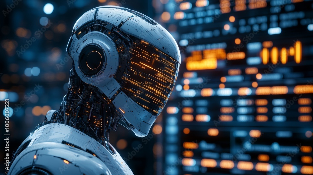 Poster futuristic robot ai with digital interface in server room