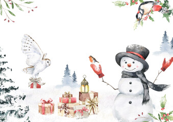 Watercolor Christmas illustration template. Cute forest animals, snowman, greenery, woodland characters. Owl, woodpecker, present boxes, lantern. Hand drawn art