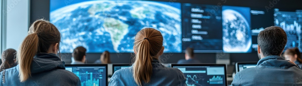 Poster team of professionals monitoring earth from a high-tech control room with large screens displaying s
