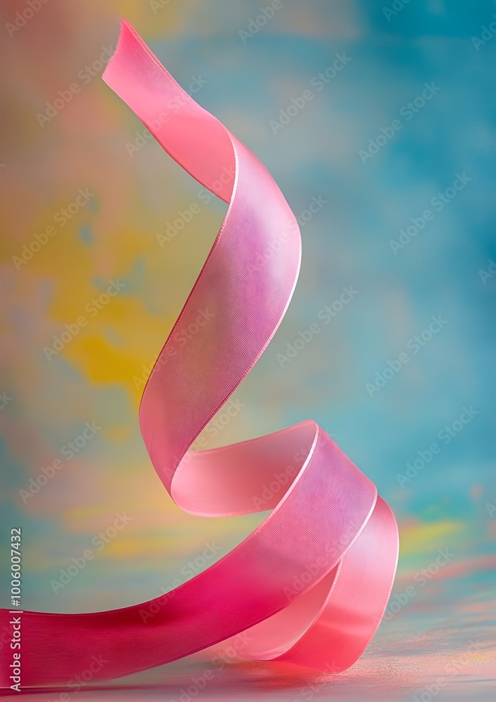 Poster elegant and captivating still life featuring a single pink ribbon with a simple yet striking design 