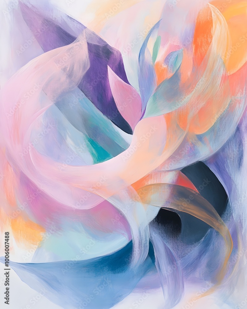Poster pastel abstract backdrop with swirling fluid brushstrokes soft edged geometric shapes and biomorphic