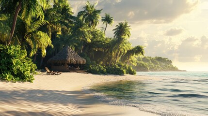 Obraz premium A tropical beach with a thatched-roof cabana, surrounded by palm trees and the sound of waves gently washing onto the shore.