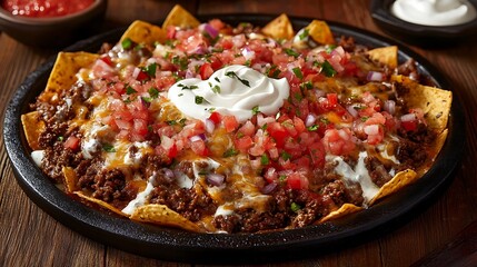 A loaded beef nacho platter with queso, sour cream, and pico de gallo