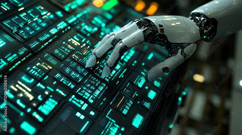 Poster futuristic robot hand interacting with digital interface