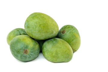 Harvested Raw Mango Heap Isolated on White Background with Copy Space