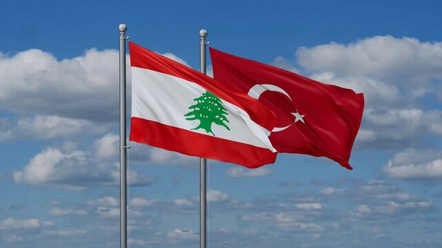 Republic of Turkey and Lebanon flags flying together, video concept of the relationship, two country cooperation concept