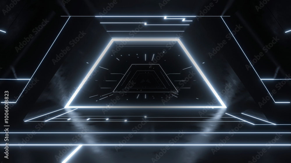 Aufkleber 3d rendering of dark abstract sci-fi tunnel, futuristic spaceship corridor