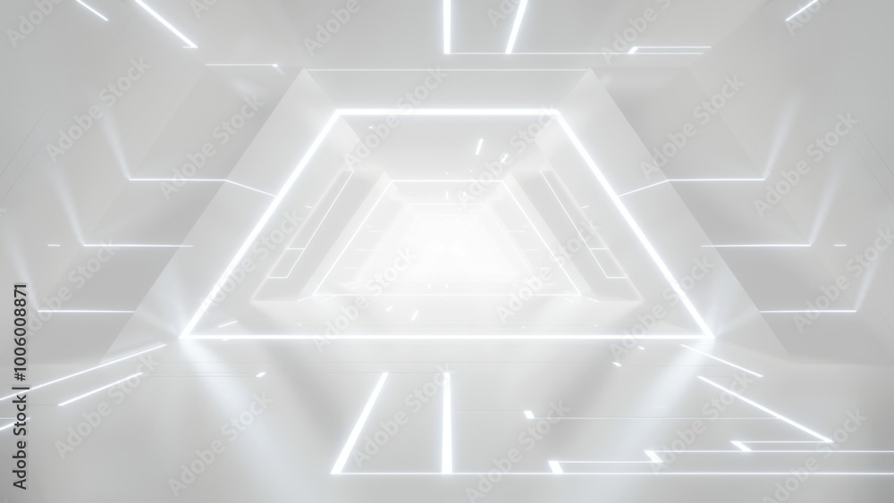 Poster 3d rendering of white abstract sci-fi tunnel, Futuristic spaceship corridor