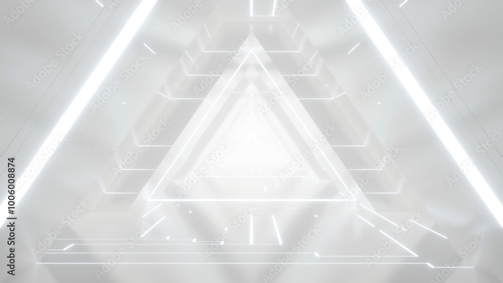 Aufkleber 3d rendering of white abstract sci-fi tunnel, futuristic triangle spaceship corridor