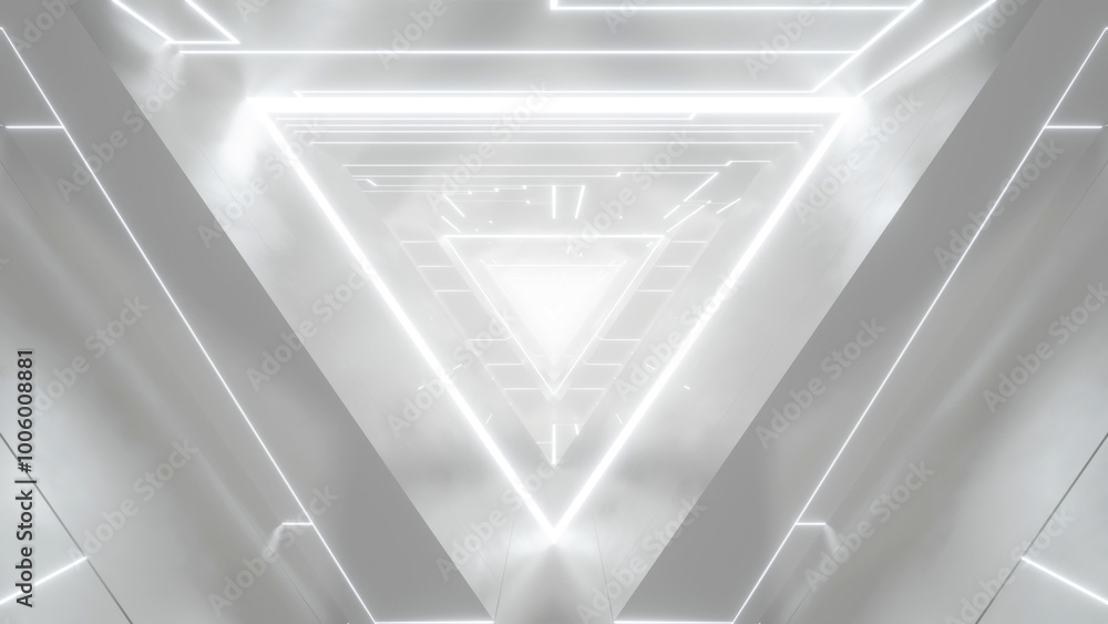 Poster 3d rendering of white abstract sci-fi tunnel, futuristic triangle spaceship corridor