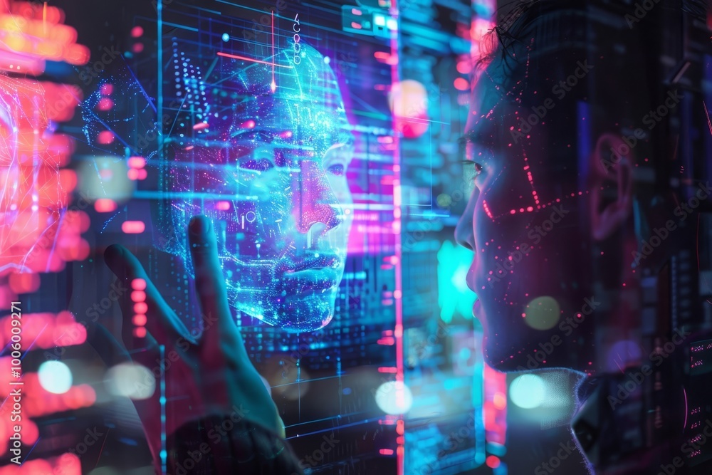 Poster exploring digital identities and human connection in futuristic technology at night. generative ai