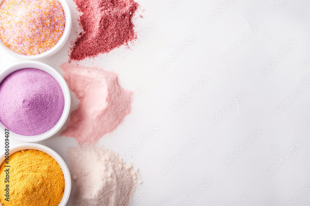 Aufkleber a vibrant array of powdered pigments in various colors sits in small bowls on a clean white backgrou