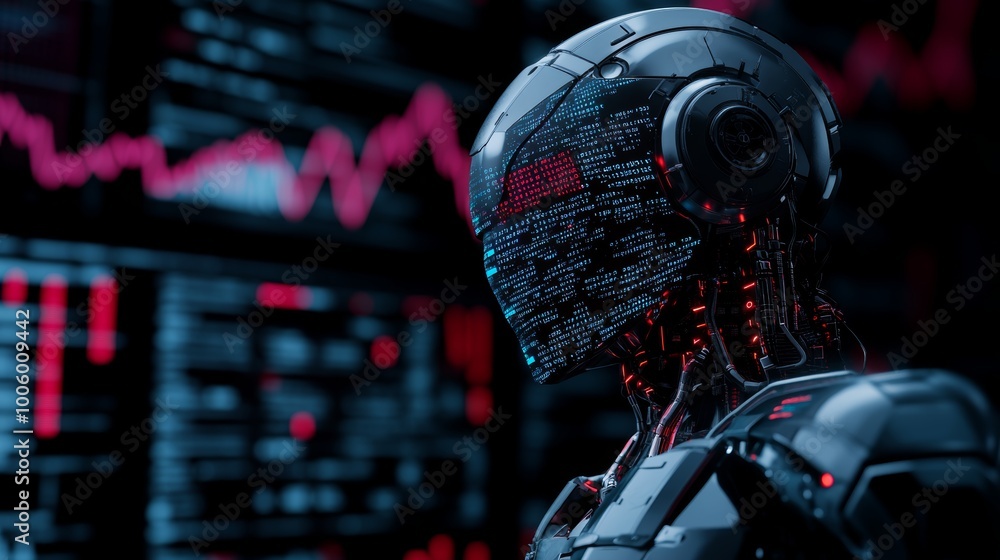 Poster cybernetic robot ai with data screen futuristic technology concept