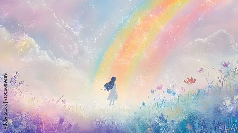 Poster enchanting pastel rainbow backdrop with whimsical fairytale inspired characters featuring soft textu