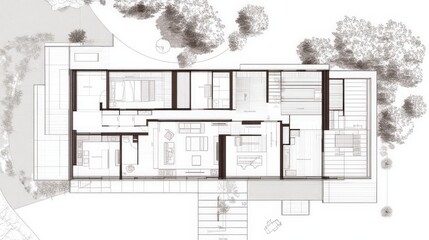 A detailed floor plan of a contemporary house, showing the layout of rooms and design flow