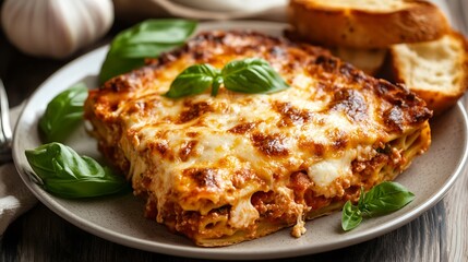 A plate of cheesy baked ziti with a side of garlic bread 