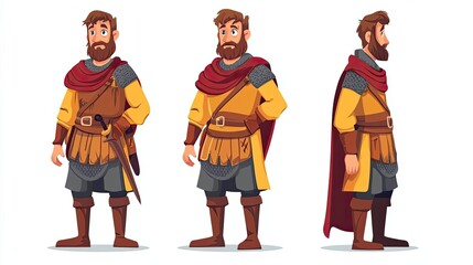 Naklejka premium A cartoon illustration of a medieval knight in three poses