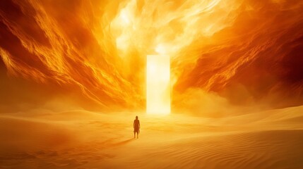 Fototapeta premium desert landscape with glowing portal and lone figure, surreal atmosphere. mystery and exploration concept