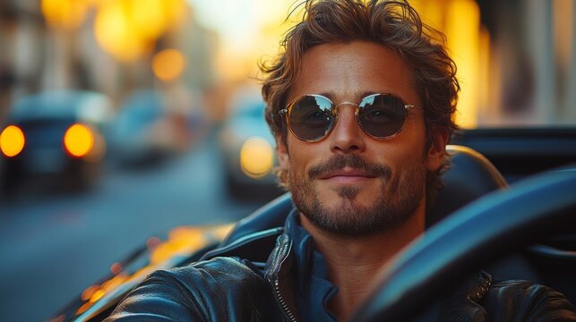 handsom man driving open top sportscar fashion highly advertising concept