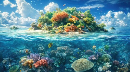 Naklejka premium A vibrant coral reef surrounding a tropical island, teeming with marine life and colorful fish visible beneath the clear water.