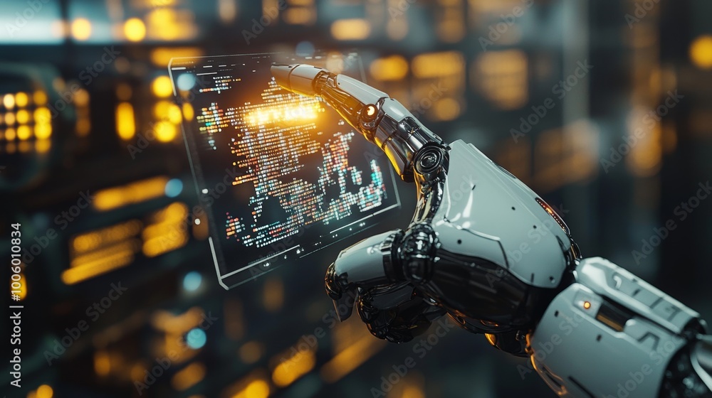 Poster robotic hand interacting with digital interface ai technology programming future auto