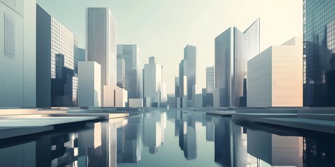 Minimalist architectural cityscape featuring a clean linear arrangement of modern high rise buildings with sharp edges symmetrical design and a muted color palette creating a cinematic